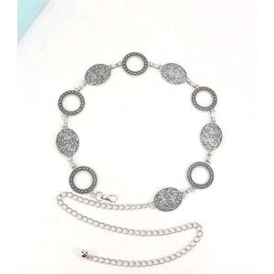 Womens Silver Tone Chain Belt Circle Oval Medallion Boho Style Accessory 40 inch